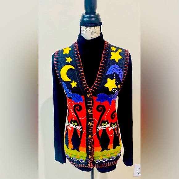 Tiara Sweaters - Tiara International Multi Colored Black Cats and Purple Bats Halloween Cardigan